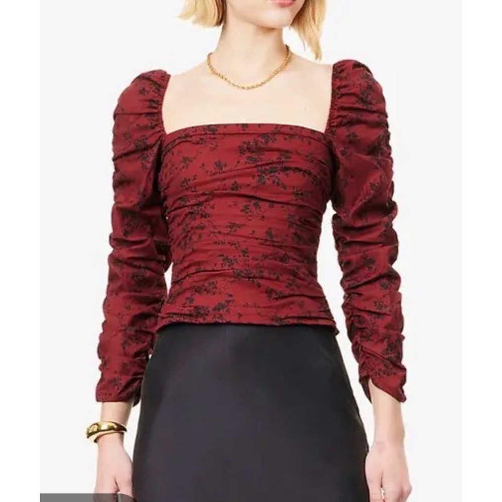 Reformation Joi Floral‎ ruched Burgundy Puff Sleeve whimsigoth Blouse sz 4